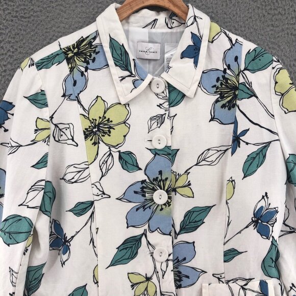 Emma James Jacket Womens 14 Blue Floral Linen Blend Button Collared 3/4 Sleeves - Picture 2 of 11